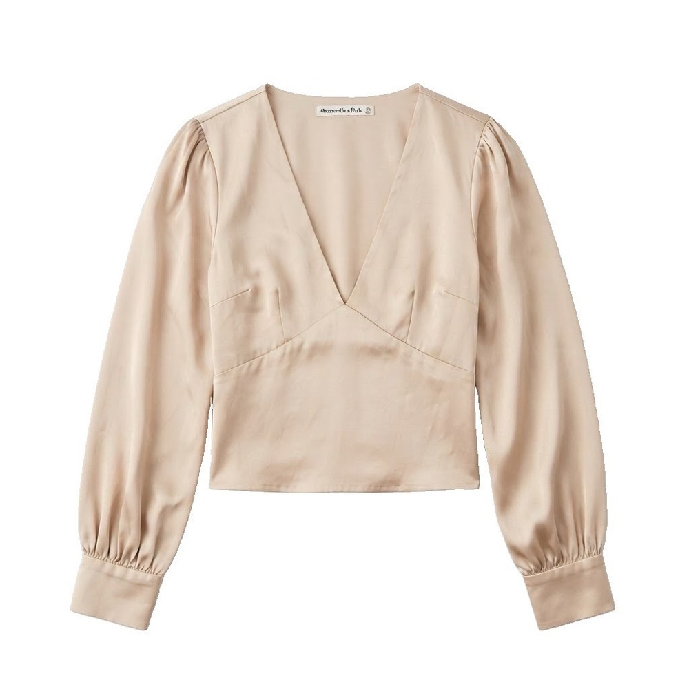 Abercrombie & Fitch Women's Size XS Beige Satin Long Puff Sleeve V-Neck Crop Top